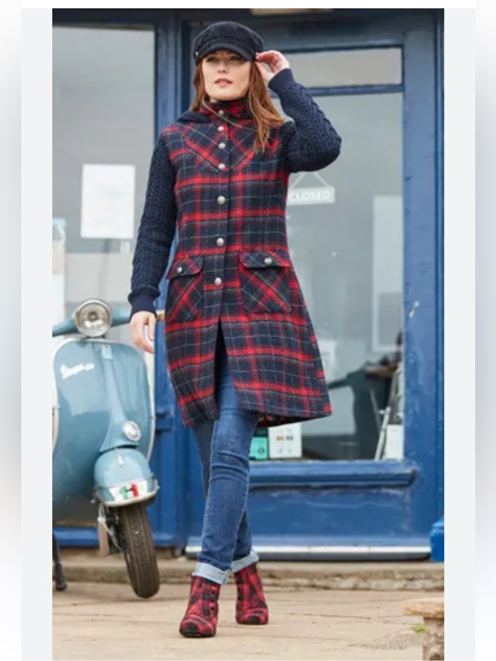 Plaid Hooded Coat with Cable-Knit Sleeves - Navy & Red